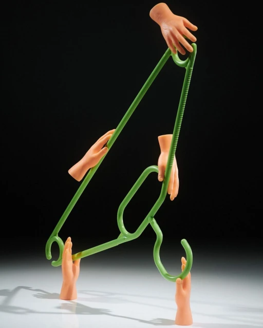 A green clothes hanger is held by six disembodied mannequin hands against a dark backdrop, creating a surreal and intriguing composition.