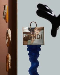 Fendi branded tote bag resting on a blue sculptural pedestal in a surreal still life set with vertical corn ears on the left.