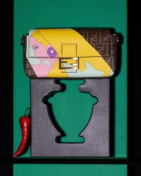 Fendi Baguette handbag with yellow pop art illustration resting on a dark stand beside a red chili pepper against green backdrop