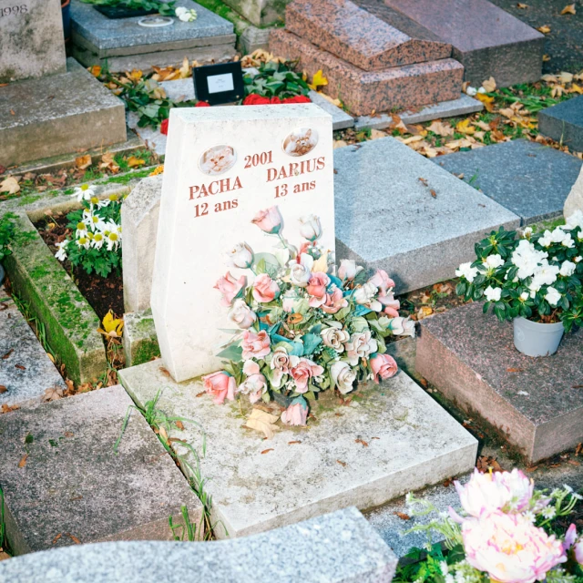 Grave markers in a cemetery with stone headstones, weathered grave slabs, and bouquets of artificial flowers in an outdoor setting.