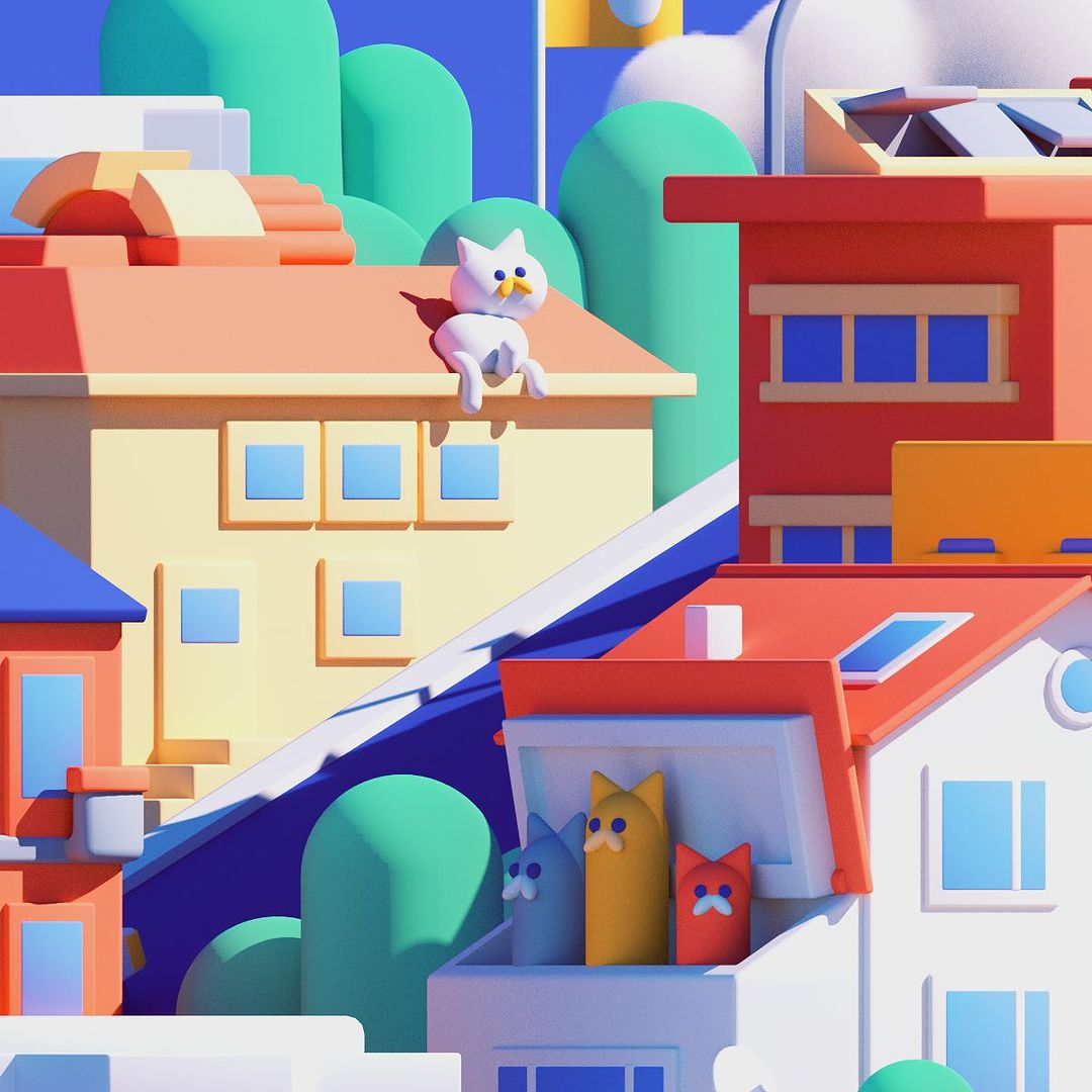 Whimsical digital artwork showcasing a white cat perched on a peach-colored roof with other cat figures inside a nearby building.