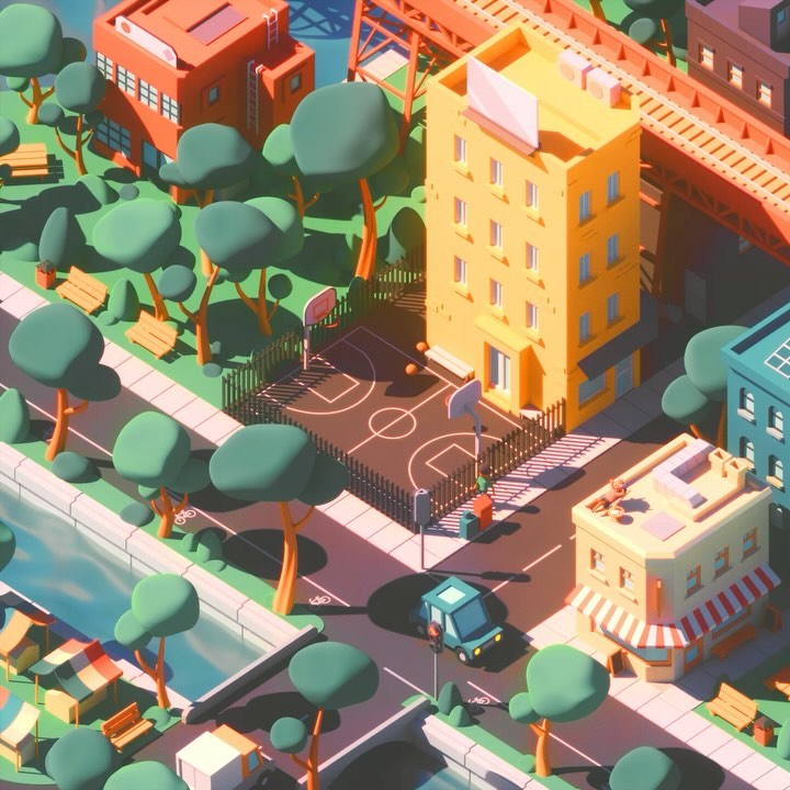Isometric cartoon city illustration featuring colorful buildings, green trees, basketball court, city streets with a vehicle, and a waterway.