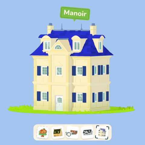 Illustration of a two-story beige house with a blue roof and shutters, set on green grass with a light blue background.