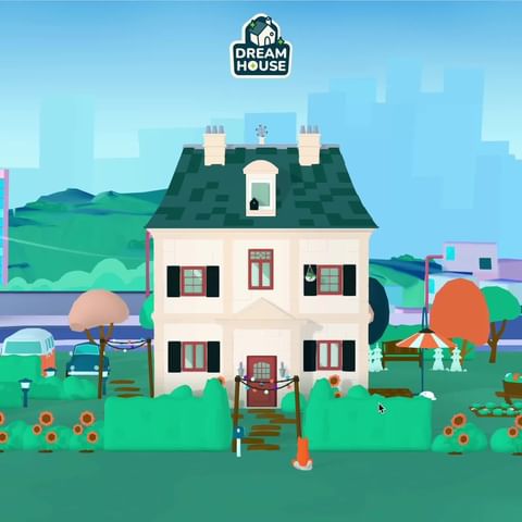 Whimsical digital rendering of a light-beige two-story house with a dark green roof, surrounded by a garden and a cartoon-style cityscape.