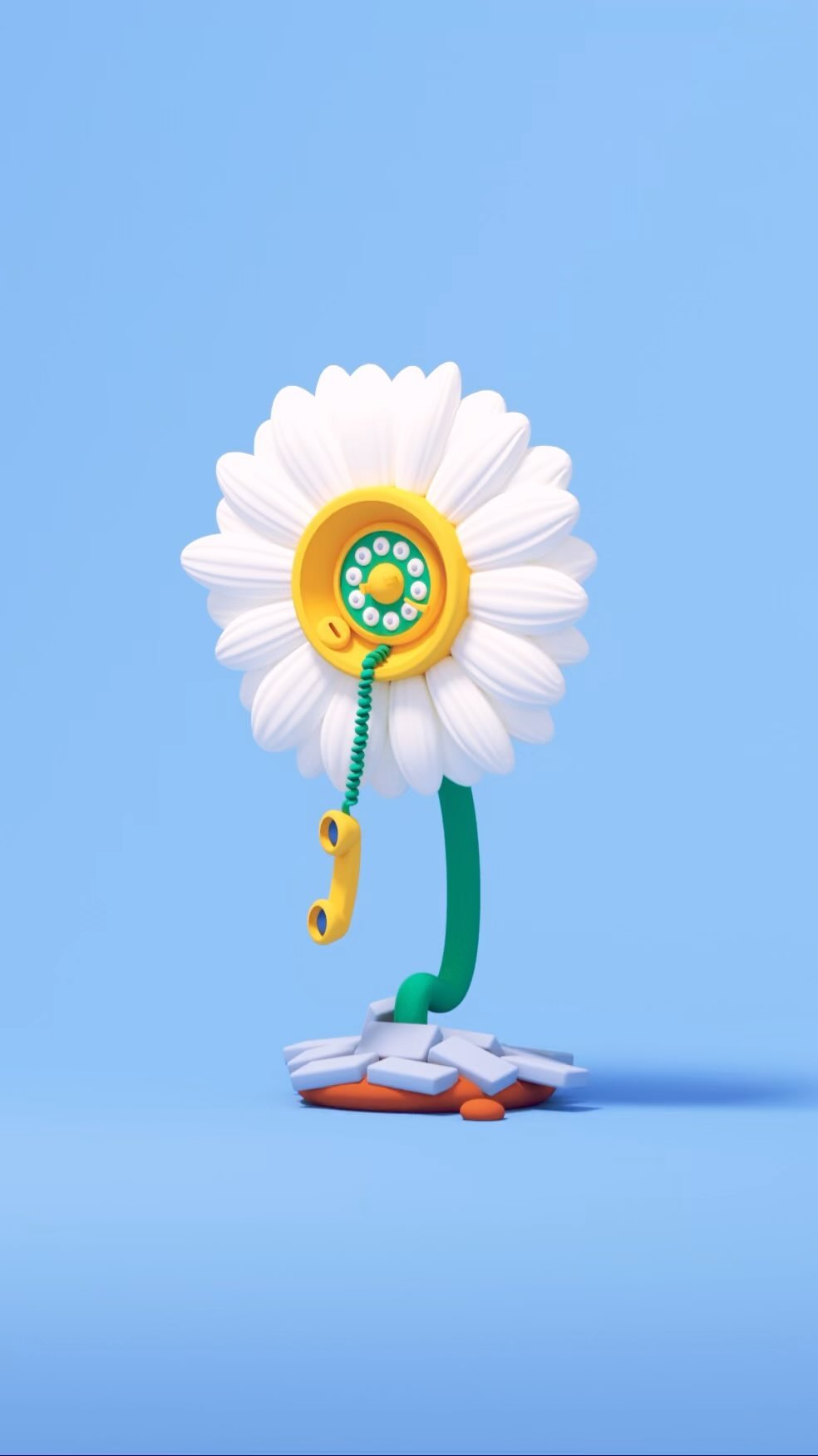 Surreal image of a daisy flower with a yellow retro telephone as its center, stem, and base, against a solid light blue background.