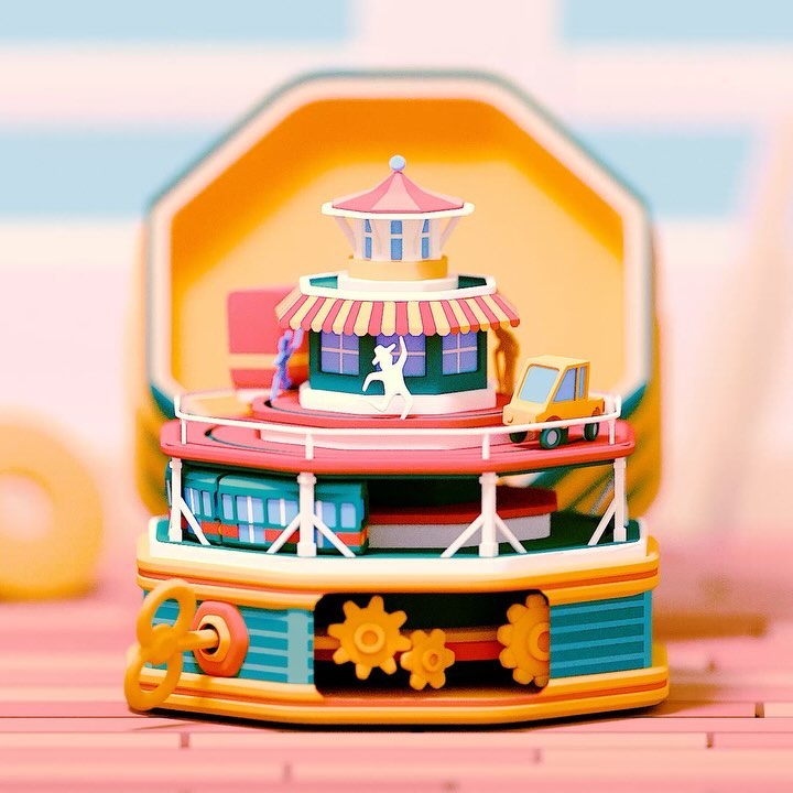 Close-up of a colorful, decorative music box with carousel and toy car details against a soft-hued background featuring pastel stripes.
