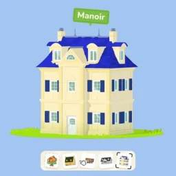 Digital 3D illustration of a beige manor house with blue roof tiles and shutters standing on a patch of green grass.