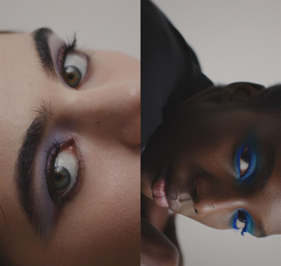 Split image of two adult women with dramatic makeup in a beauty-style portrait against a neutral background with a focus on eyes.