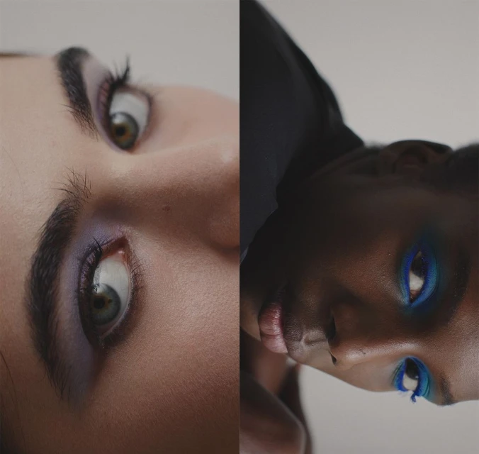 Split image of two adult women with dramatic makeup in a beauty-style portrait against a neutral background with a focus on eyes.