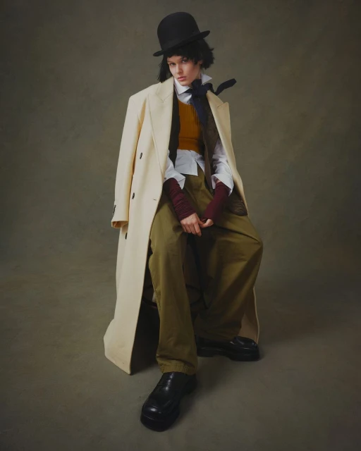 A young adult woman sits while modeling a bowler hat, tan overcoat, button-down shirt, orange vest, and green pants in a studio setting.