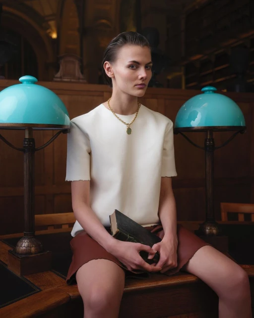 Woman in white top and brown skirt sits on desk with lamps in library, holding book. Fashion shot with library background.