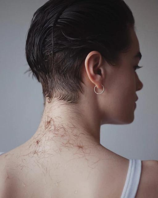 Portrait of person with shaved neck and short wet hair. Shoulder and back skin with hair clippings visible against soft grey background.