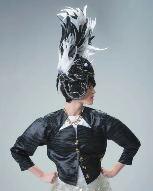 Adult female model posing in a black-and-white textured jacket, gold anchor buttons, gold necklace, and large feathered headpiece in studio.