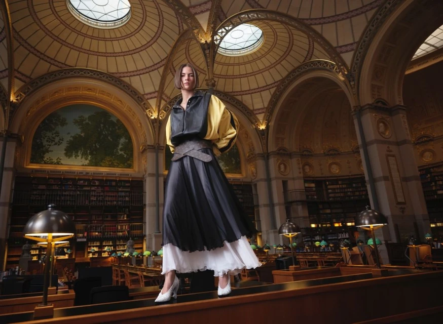 Adult woman in modern layered fashion posing in grand library interior with books, architectural details, and ambient light.