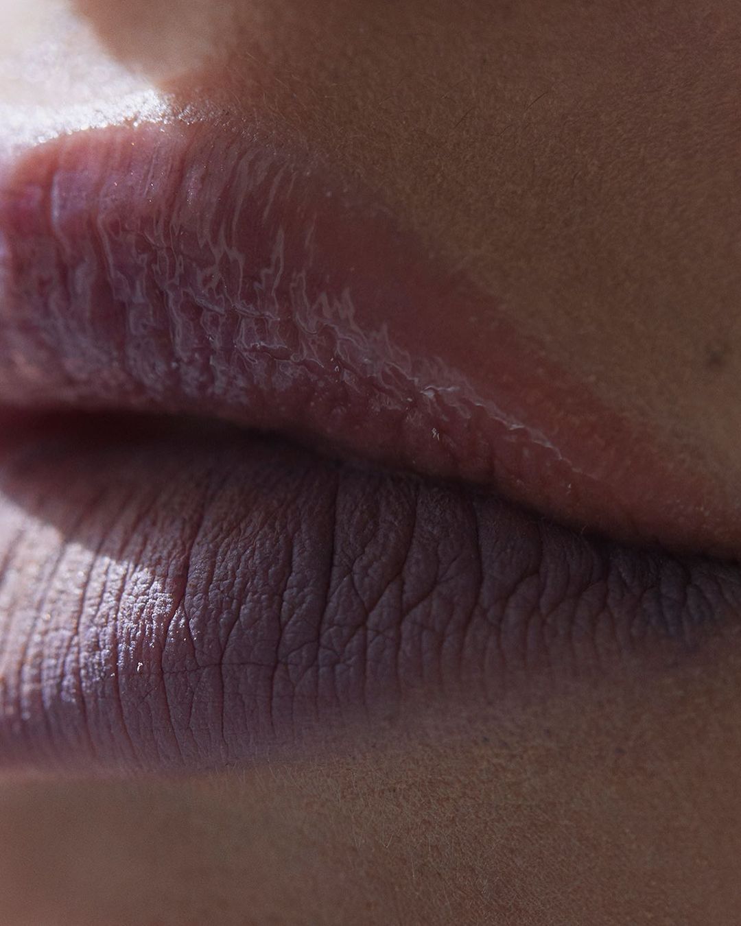 Close-up photograph features an adult female's lower face, focusing on her lips, which are textured, reflecting light, and in focus.