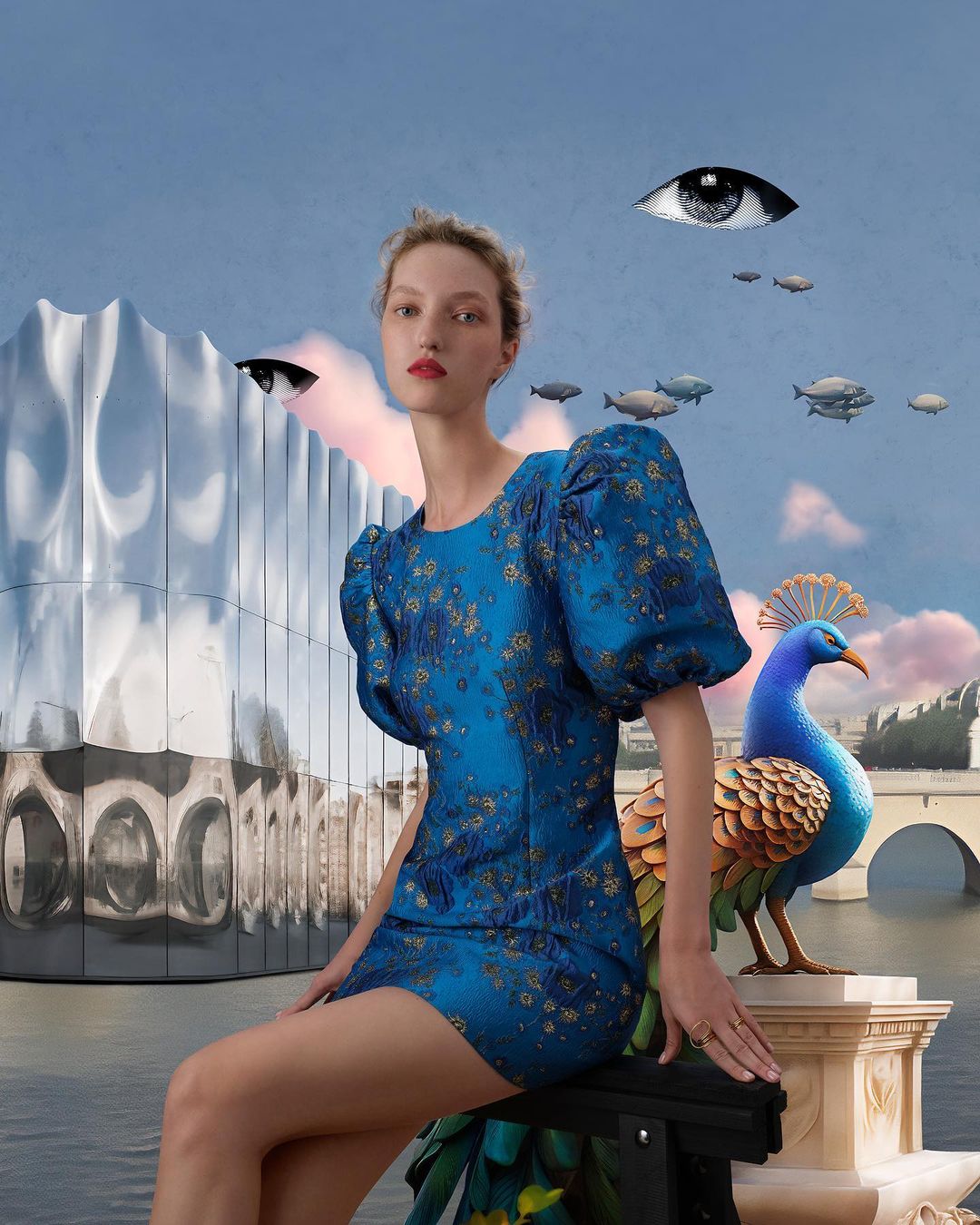 A woman in a blue floral dress sitting beside a peacock statue, with surreal elements like eyes and fish in the sky, and a reflective building.