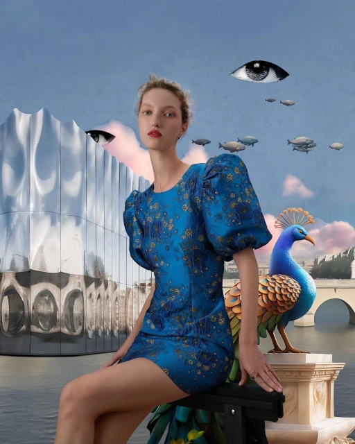 A woman in a blue floral dress sitting beside a peacock statue, with surreal elements like eyes and fish in the sky, and a reflective building.