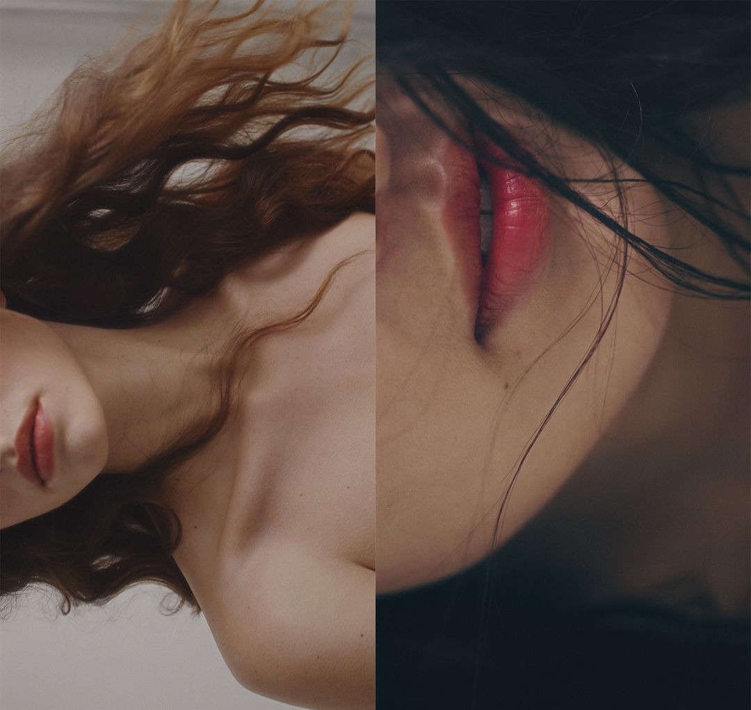 Split diptych featuring two women, one with auburn hair and one with black hair, close-up, shot in a beauty editorial style.