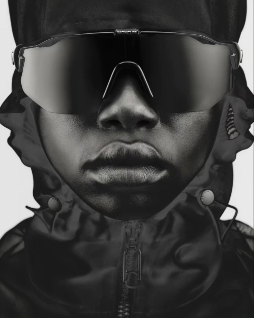 Close-up of a person wearing sunglasses and a hooded jacket, creating a monochromatic portrait in dark tones against a light background.