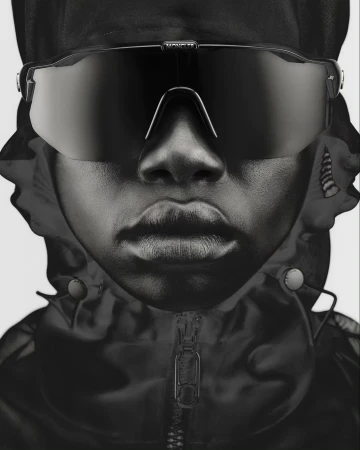 Close-up of a person wearing sunglasses and a hooded jacket, creating a monochromatic portrait in dark tones against a light background.