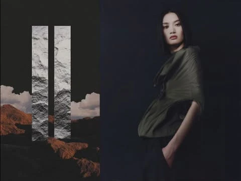 Artistic fashion portrait of a person wearing an olive top, and a monochromatic landscape composite with two rectangular stone slabs.