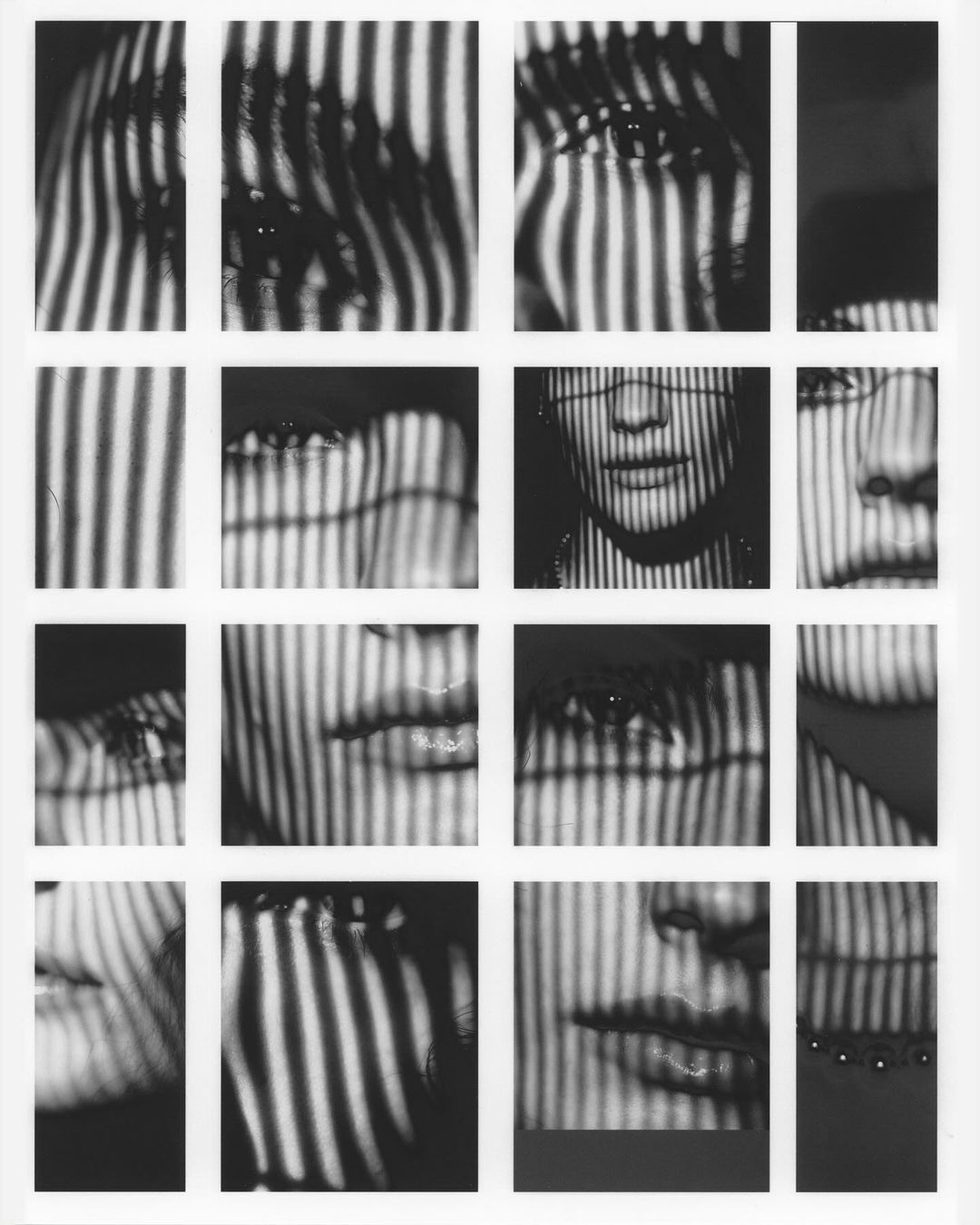Monochrome mosaic of an adult female face, composed of cropped portraits under a striped pattern, creating an artistic, abstract design.