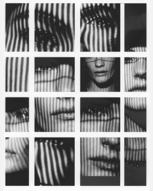 Monochrome mosaic of an adult female face, composed of cropped portraits under a striped pattern, creating an artistic, abstract design.