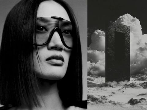 Striking black and white split image featuring an adult female with futuristic eyewear against a surreal landscape with monolith.