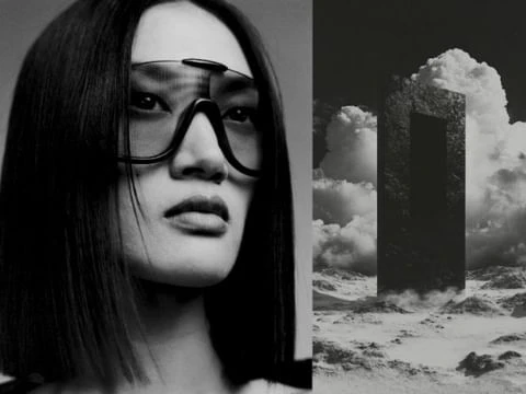 Striking black and white split image featuring an adult female with futuristic eyewear against a surreal landscape with monolith.