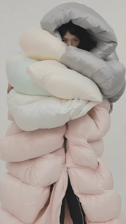 Adult woman wearing a multicolored puffer coat with light pink, white, and gray panels posing in a photo studio with white background.