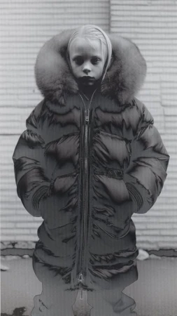 Child in a puffy coat with a fur-trimmed hood, portrait style. The subject stands against a wall of light and dark grey tones.