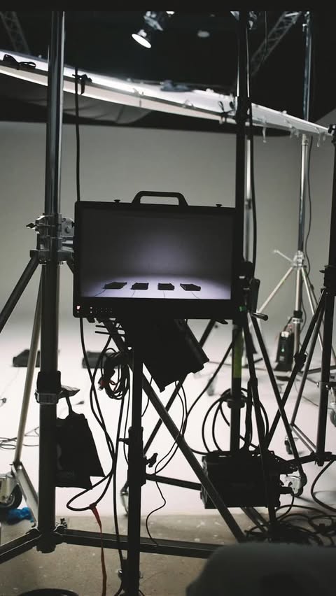Briefcase on stand surrounded by lighting equipment in a photo studio. Studio lighting. Neutral tones. Professional photography.