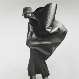 Model wearing a bucket hat and sculptural metallic cape against a light background, photographed by Gus and Lo