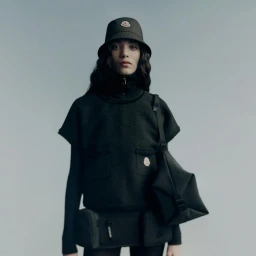 Model in black bucket hat and textured top wearing a crossbody bag against a grey background