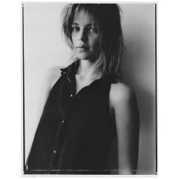 Portrait of a woman wearing a dark button-down sleeveless shirt against a plain wall in a black and white photograph.