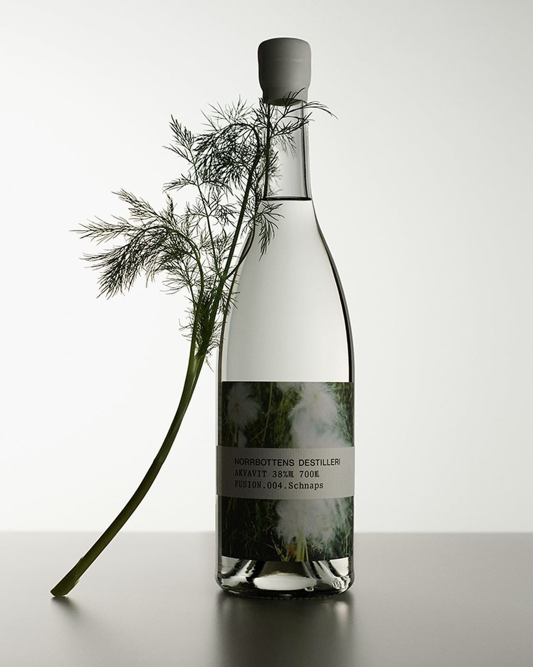 Clear glass bottle of spirits with a grey stopper, next to a sprig of fresh dill, sitting on a dark grey surface against a light grey background.