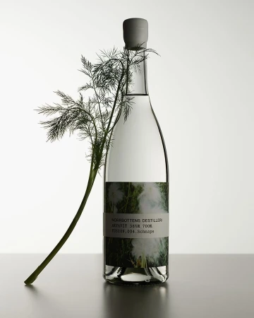 Clear glass bottle of spirits with a grey stopper, next to a sprig of fresh dill, sitting on a dark grey surface against a light grey background.