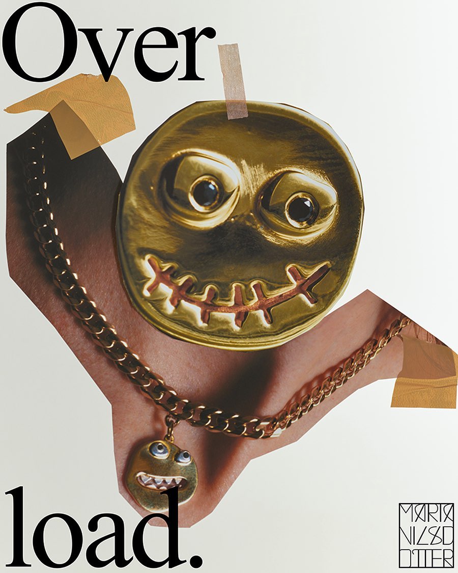 Surreal art collage featuring a gold coin face pendant on a gold chain in a hand with the text "Over Load."