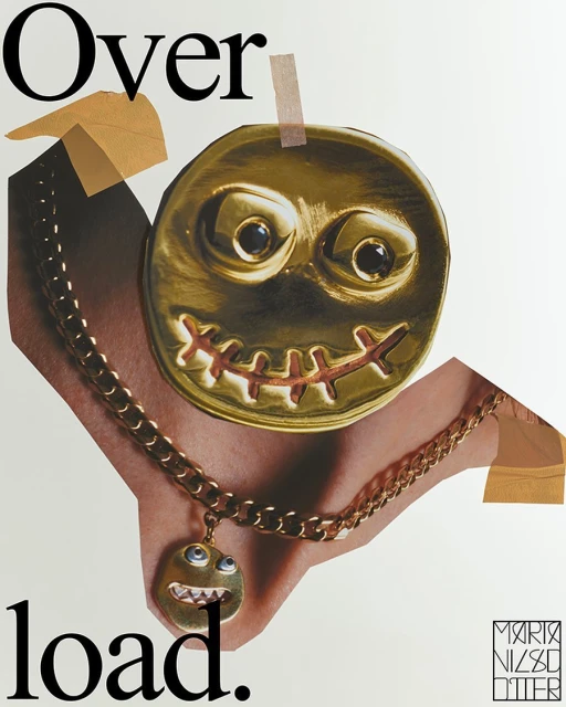 Surreal art collage featuring a gold coin face pendant on a gold chain in a hand with the text "Over Load."