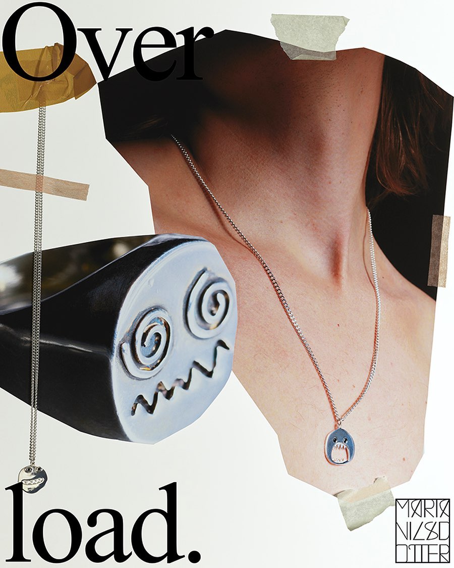 Art collage featuring a person's neck with a pendant, a metal object, and text overlay on a white background with taped paper elements.