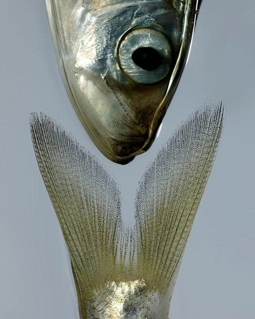 Close-up studio shot of the head and tail of a silver fish against a grey background, featuring high contrast and shiny textures.
