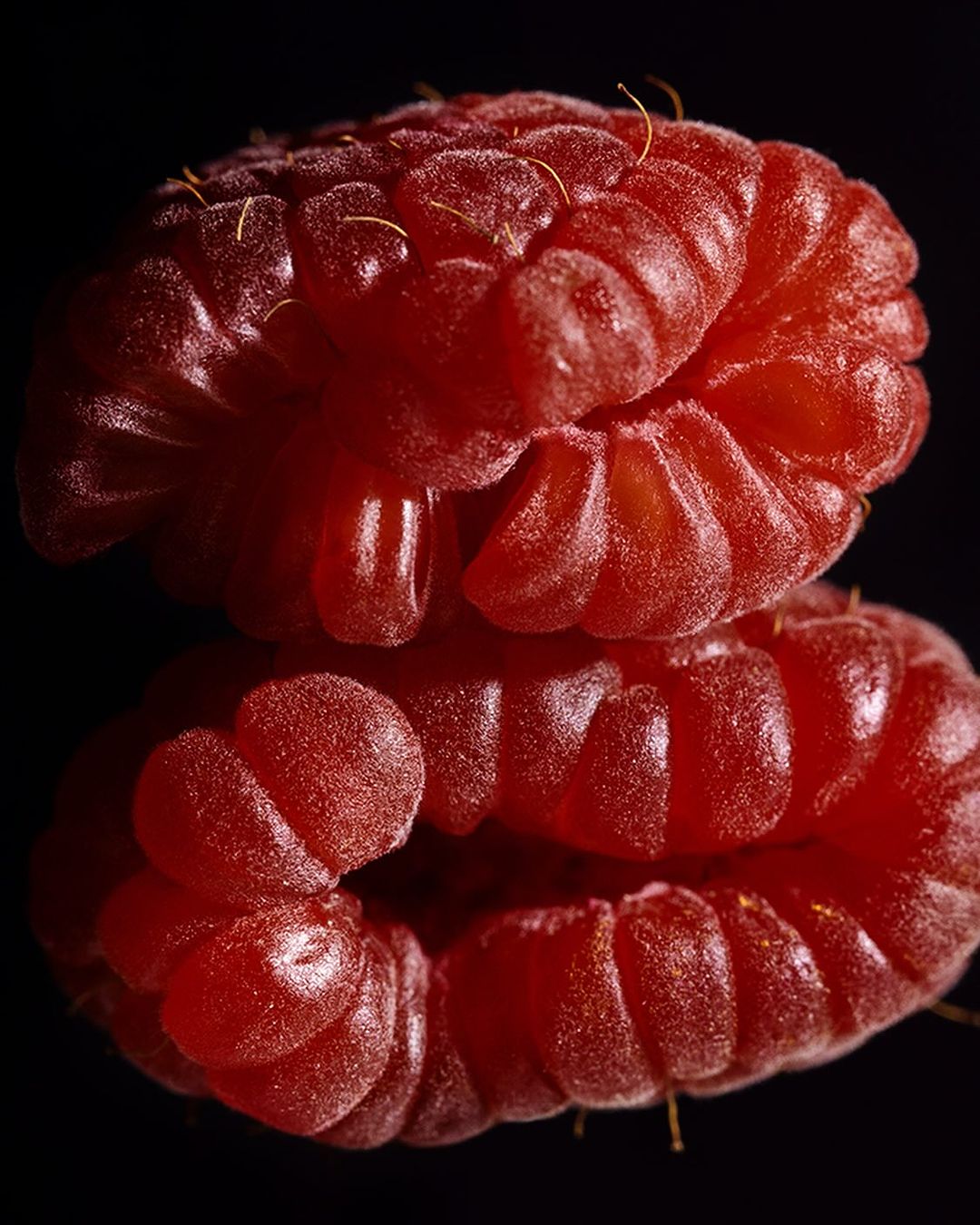 Macro photo of a vibrant red raspberry with its textured surface and small hairs, set against a stark black background.
