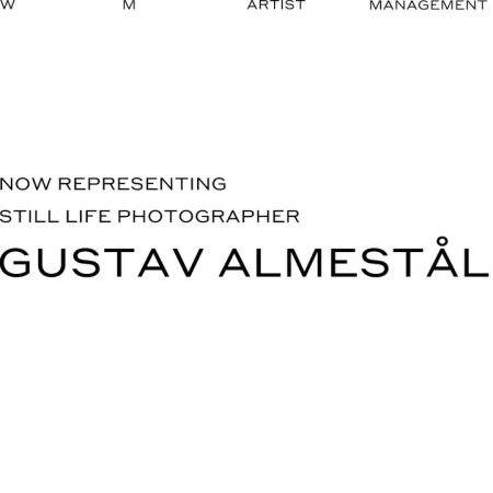 Promotional material featuring the name Gustav Almestål, identified as a still life photographer, presented in a minimalist white background.