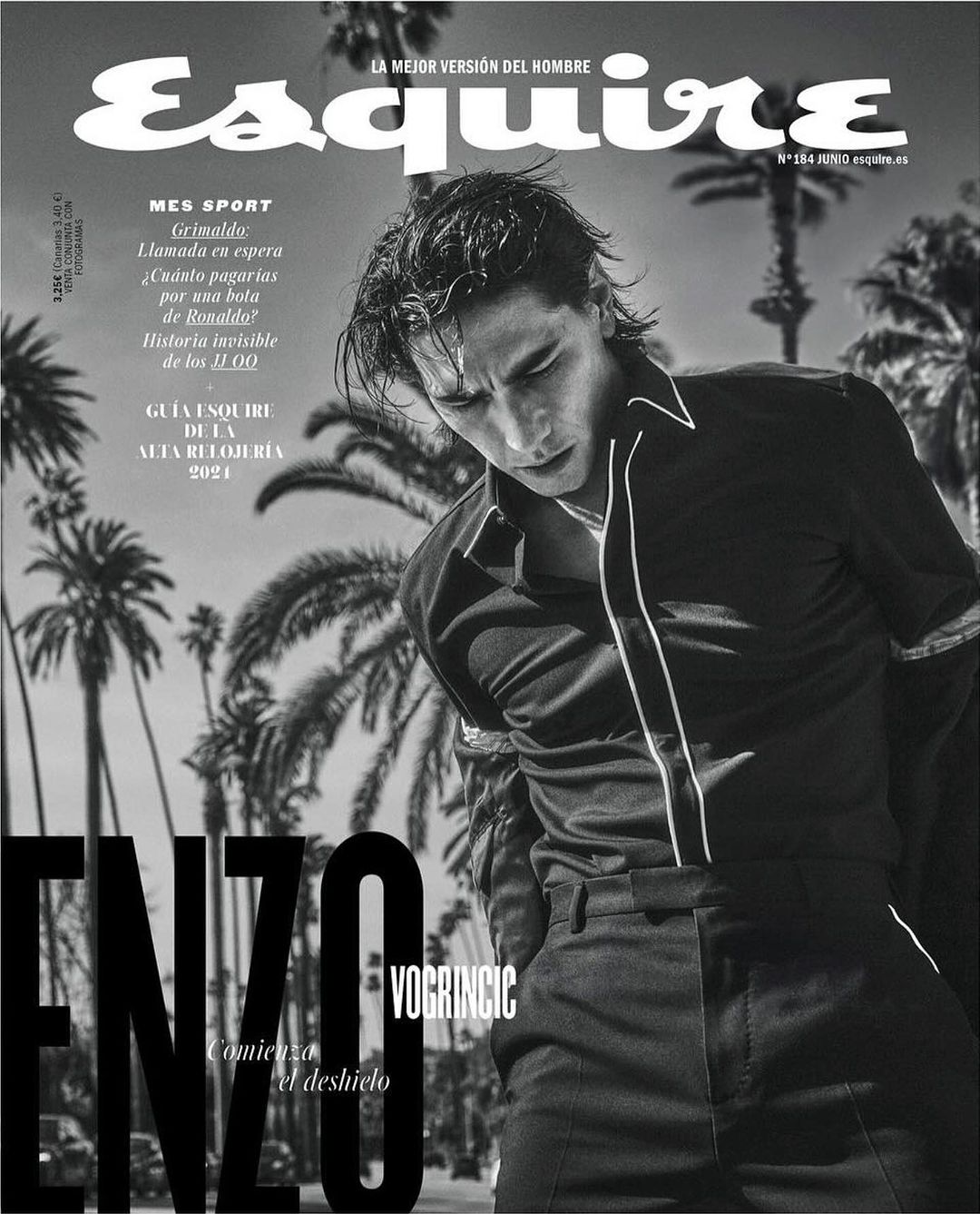 Monochrome magazine cover featuring Enzo Vogrincic in a dark shirt against a palm tree backdrop shot by Guy Aroch.