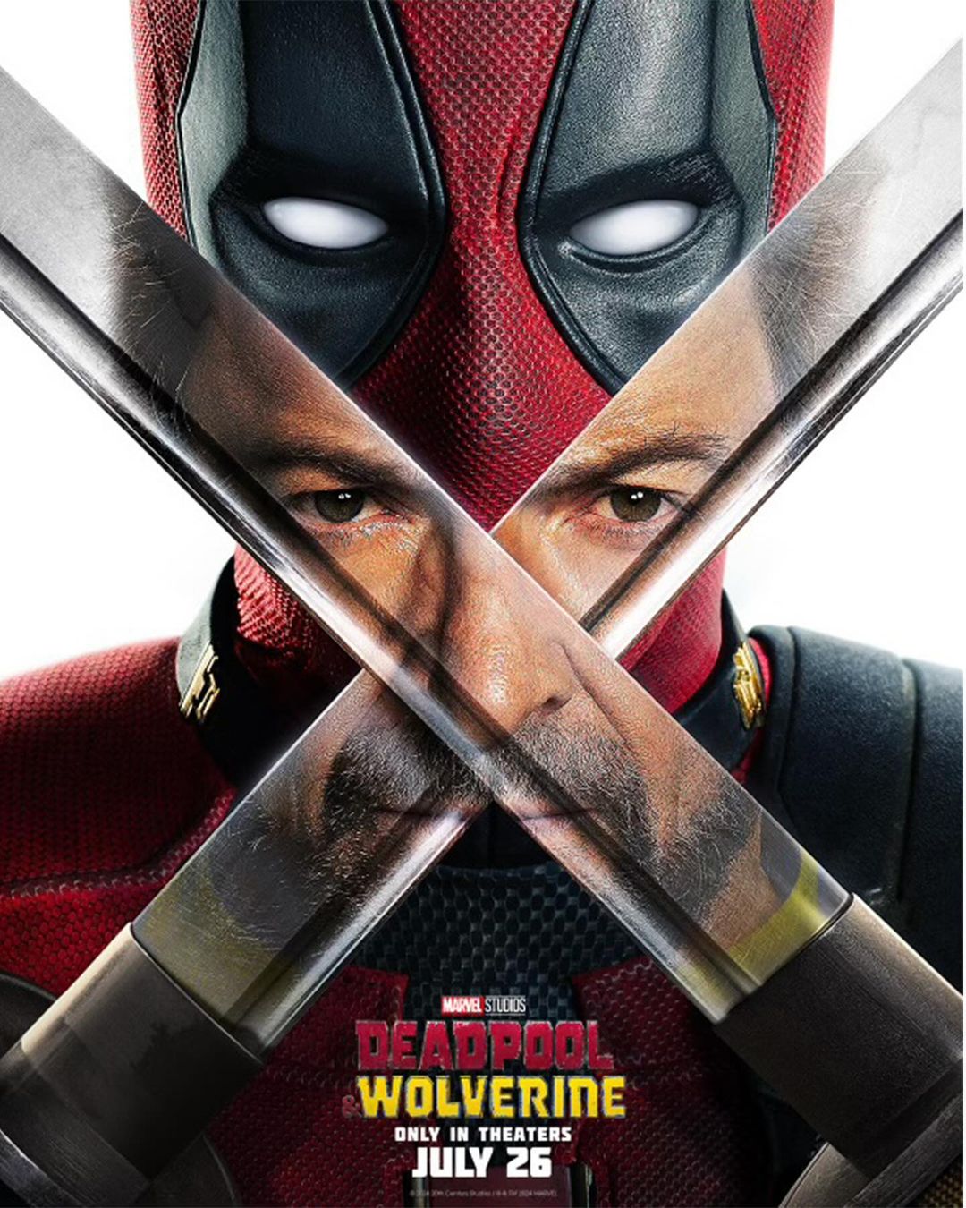 Deadpool and Wolverine movie poster featuring Deadpool's masked face with two swords crossing, and Wolverine's face visible between them.