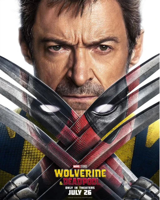Promotional close-up for Wolverine & Deadpool movie features actor Hugh Jackman, crossed claws, and release date: July 26th.