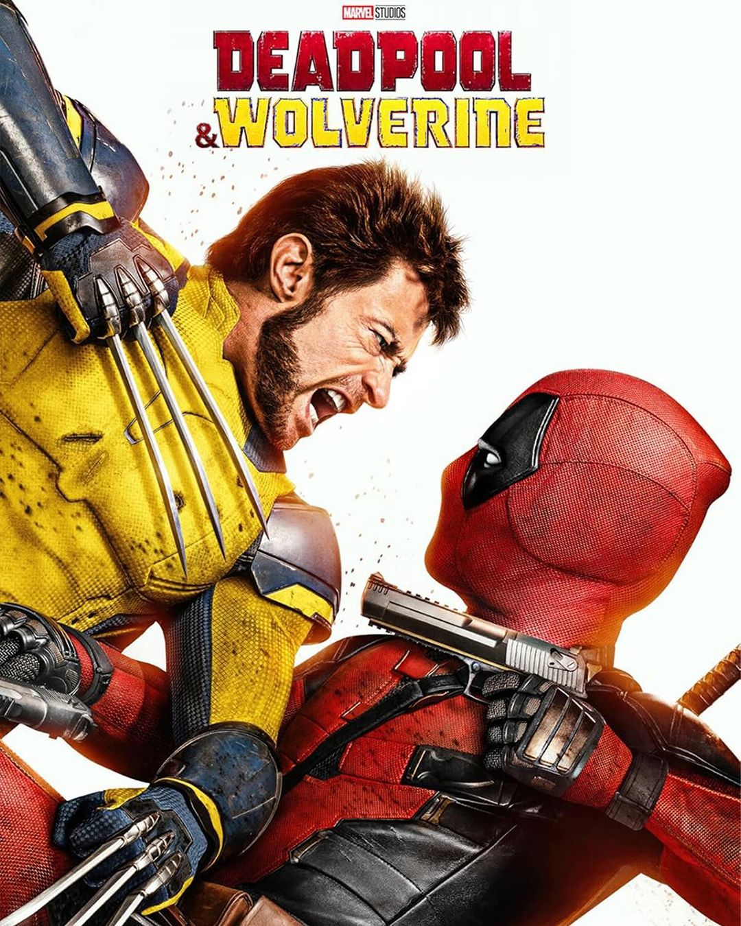 Movie poster featuring Wolverine with his claws out, and Deadpool holding a gun. The movie title is Deadpool & Wolverine.