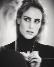 Black and white portrait of a woman reflected in a mirror wearing a dark turtleneck and adjusting a pendant necklace
