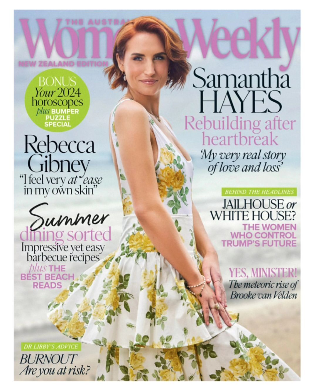 Samantha Hayes poses on the cover of The Australian Women's Weekly New Zealand Edition, wearing a white floral dress and light jewelry.