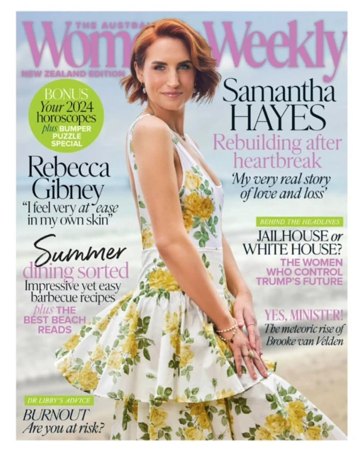 Samantha Hayes poses on the cover of The Australian Women's Weekly New Zealand Edition, wearing a white floral dress and light jewelry.